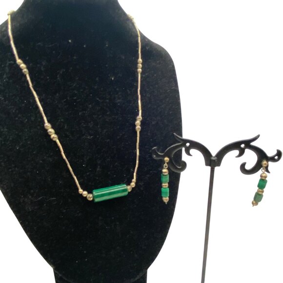 Sterling Jewelry - Sterling Liquid Silver Malachite Bead Necklace Dangle Earrings Set Vintage 15"